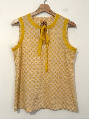 Tory Burch Yellow and White Sleeveless Tie-Neck Printed Blouse